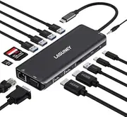 LASUNEY USB C Laptop Docking Station, 14 in 1 Type C Hub Multiport Adapter Dongle, Dual HDMI, VGA, PD, Ethernet, SD/TF, USB C/A Ports, Mic/Audio, Compatible for Dell/Surface/HP/Lenovo Laptops (Black)
