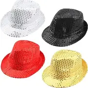 [SGBETTER] 4 Pack Sequins Fedora Hat Western Sequin Fabric Fedora Hat for Men Women Latin Jazz Mardi Gras Cosplay Prom Costume Party Accessory, 4 Colors