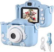 Cartoon Digital Camera 1080P Digital Video Camera for Dual Lens 2.0 Inch IPS Screen Built-in Battery Cute P Frames esting Games with Neck Strap Birthday Blue Cat