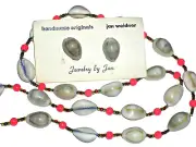 VTG Hawaiian Cowrie Shell & Red Bead Necklace Lei & Earrings Handmade Originals