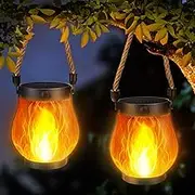 iBaycon 2 Pack Solar Lanterns Lights, Flickering Flame Solar Garden Lights with 2 Lighting Modes,USB & Solar Rechargeable, Waterproof Hanging Decor for Yard Lawn Patio Pathway