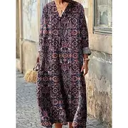 Women's Midi Dress Sundress A Line Dress Vacation Casual Going out Graphic Paisley Long Sleeve V Neck Navy Blue Summer Spring