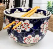 Mosaic Style Cherry Blossoms Ramen Noodles Soup Rice Bowl With Chopsticks Set