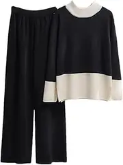 [Generic] Winter Women Sweater Suits Loose Casual Patchwork Pullover Sweater And Wide Leg Pants Suits Two Pieces Sets