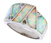 Women Sterling Silver Rhodium Plated, Opal Inlay Band CZ stone Accents 12mm