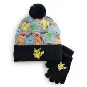 Pokemon Beanie Hat Youth Boy Girl Kids Toboggan Gloves Set Ski Snow Pom Pikachu