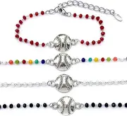 4PCS Pack Glass Crystal Beaded with Thin Chain Behomian Bracelets Set Sports Football Soccer Softball Baseball Tennis Basketball Bike Volleyball Lovers Players Teams
