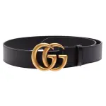 【GUCCI 古馳】經典仿舊金色金屬雙G LOGO小牛皮釦式腰帶/皮帶(黑406831-DJ20T-1000)