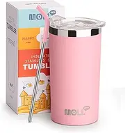 [Mollcity] Kids Tumbler with Straws-Stainless Steel Double Wall Vacuum Insulated Smoothie Cup with Spill Proof Lids, 350ML/12 oz Travel Mug for Kids, BPA&Sweet Free (Pink)