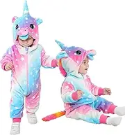 LOLANTA Toddler Rainbow Unicorn Costume Girls, Plush Hooded Romper for Baby, Blue Pink, 2-2.5 Years