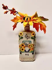 Repurposed Handmade Custom Clay Painted Gnomes Sunflowers Bottle Art Home Decor