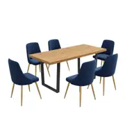 7 Piece Dining Set with Matching Rectangular Table and 6 Blue Velvet Chairs