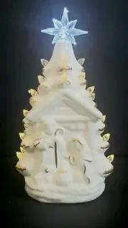New White Nativity Pre Lit Christmas Tree with Gold Accents & a Star Tree Topper