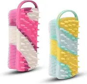 MtBoi 2 PC Silicone Exfoliating Body Scrubber,2 in 1 Shampoo Brush,Soft Loofah for Sensitive Skin,Shower Hair Scalp Massager,Easy to Clean,Lather Well (Black&Yellow),(BBB-002)