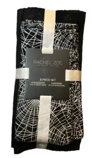 RACHEL ZOE Halloween Spooky Silver Spider Web Napkins Black Placemats 4 EA