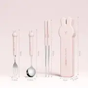 Stainless Steel Chopsticks / Fork / Spoon / Case / Set (Various Designs) Set Of 4 - Chopsticks & Spoon & Fork & Case - Rabbit - Pink - One Size