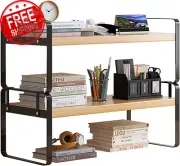 2 Tier Desktop Bookshelf Plant Stand with Metal Frame Wood Board Desk Display Sh