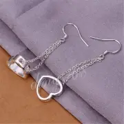 925 Sterling Silver Hypoallergenic Open Heart Long Threader Dangle Earrings B632
