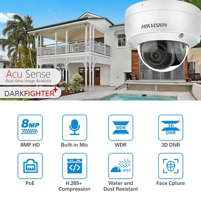 Hikvision 8MP POE Acusense Dome IP Camera DS-2CD2186G2-ISU Home Security MIC IPC