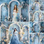 婚紗攝影背景拱形花門淺藍色復古牆背景孕婦寶寶秀影樓