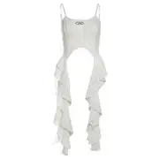 Scoop Neck Plain Asymmetrical Metal Accent Ruffle Distressed Open Back Crop Cami Top White - M