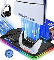 Kawaye RGB Cooling Station for Playstation 5, Charging Stand Cooling Fan with Dual Controller Charging Station for PS5, Cooling Stand Multifunction Accessories Vertical Stand, 6 Slots, Headset Holder