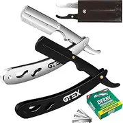 GTEX Razor – Men's Straight Razor (2 Pack) with 100 GTEX Premium Razor Blades and Leather Case – Straight Edge Razor Barber