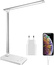 Qualore Desk Lamp, LED Table Lamp, Dimmable with 5 Brightness Levels, 5 Colours, USB Connection, Car Timer, Touch Panel, Memory Function, Eye-Friendly Bedside Lamp for Children Girls