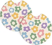 Vintage Groovy Flowers Car Cup Holder Coasters 2 Pack Universal Auto Insert Coaster Most Car Interior for Women Men Cute Assecories with A Finger Notch