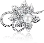 [Generic] Crystal Flower Brooch with Pearl Centre, Silver-Toned, Rhinestone Floral Design
