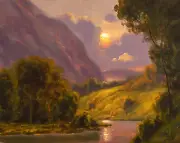MAX COLE ART oil painting landscape signed vintage antique old rain gorge 44577