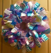 MAGICAL Deco Mesh Wreath "Unicorns and Lollypops" with Ribbon/Lace/Pompom/Picks