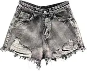 [PCBVAKGKYT] Worn Legs with Rough Edges Washed Black Denim Shorts Women