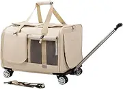 Breathable Pet Trolley Case, 17.3*20.9*13 In Two Compartments Oversized, Light And Portable For Outings, Large Interior Space, Wrap-around Breathable Design, Can Be Folded For Storage.(Beige,Expandabl