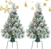 2 Pack Pre Lit Pathway Christmas Tree Outdoor, 2.5FT Flocked Xmas Entrance Trees