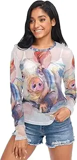 [RPLIFE] Cute Watercolor Pig Funny Mesh Long Sleeve, Sexy Sheer Tops for Women S-XXL, Cute Watercolor Pig Funny, XX-Large