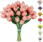 30pcs Artificial Tulips Flowers Fake Latex Tulip Stems - Real Touch Faux Coral Tulips Flower for Easter Spring Wedding Bouquet Centerpiece Floral Arrangement Home Cemetery Table Decor