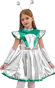 [Choomomo] Kids Girls Metallic Shiny Alien Dress with Arm Sleeve and Hair Hoop Set Outer Space Outfits