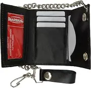 [MARSHAL] BLACK GENUINE LEATHER Trifold Biker's Wallet ID Card Holder w/ Chain Skull