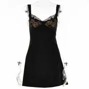 Sleeveless Plain Lace Panel Mini A-Line Dress Black - M