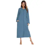 Nevenka Womens Hooded Zipper Bathrobe with Pockets Full Length Nightgown-Light Blue