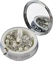 [HanlinCC] 6mm Glass Pearl Prayer Beads First Communion Rosary with Chalice Center Piece and Crucifix in Anti-Silver Plated for Girl Pack in Holy Cup Metal Gift Box