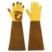 2Pcs M Long Gardening Gloves Cowhide Leather Pruning Garden Glove Yellow/Brown