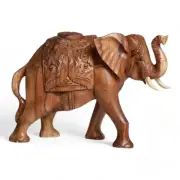 Exquisite Hand-Carved Wooden Elephant Sculpture with Elaborate Costuming