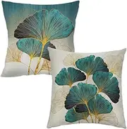 Throw Pillow Cover Green Plant Leaves - 18 x 18 Inch Teal Pillow Cushion Cover - Set of 2 Turquoise Ginkgo Leaf Cushion Case, Great for Sofa, Bedroom, Yard, Living Room Decor