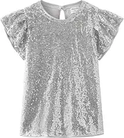 [Noomelfish] Girls Short Sleeve Sequin Shirts Party Glitter Sparkly Tops Blouse (5-12 Years)