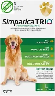 Simparica Trio Flea, Tick and Worming Chews for Dogs 20.1-40 Kg, Green, 3 Packs