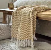 Eco Friendly Cotton Ochre Yellow Mustard Large Herringbone Sofa Throw Blanket