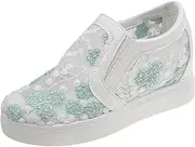 [Gikleihwy] Women's Slip-Ons Height Increasing Canvas Shoes Embroidered Summer Round Toe Mesh Breathable Flat Loafer Low-Top Anti Skid Fall Walking Driving Play Work Sneakers 2.36in Trainers(Green,7 US)