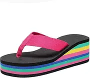 [Dikermoon] Fashionable Women's Platform Wedge Flip Flops with Rainbow Printed Sole for Casual Outdoor Style